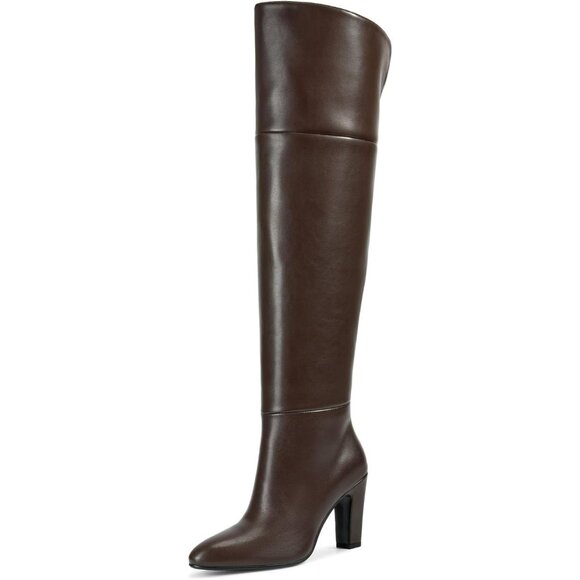 Women Chocolate Brown Faux Leather Side Zipper Thigh High Over the Knee Boot - Picture 1 of 7